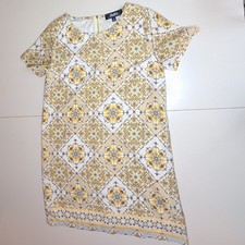 LuLus Women's Dress Small Tan Yellow Tile Print Short Sleeve Casual Shift