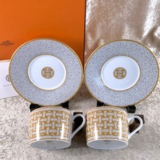 Hermes Paris Tea Cup Saucer Mosaique Au 24 Gold Porcelain Tableware 2 Sets w/Box