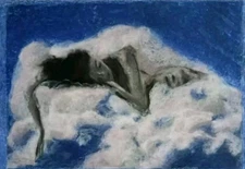 Woman In Clouds - Modern Art - Oil Chalk On Paper A4