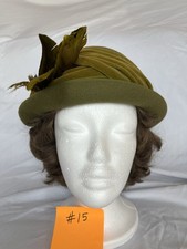 Olive Green Hat With Rolled Brim, Velvet Ribbon And Feathers 1920-30s
