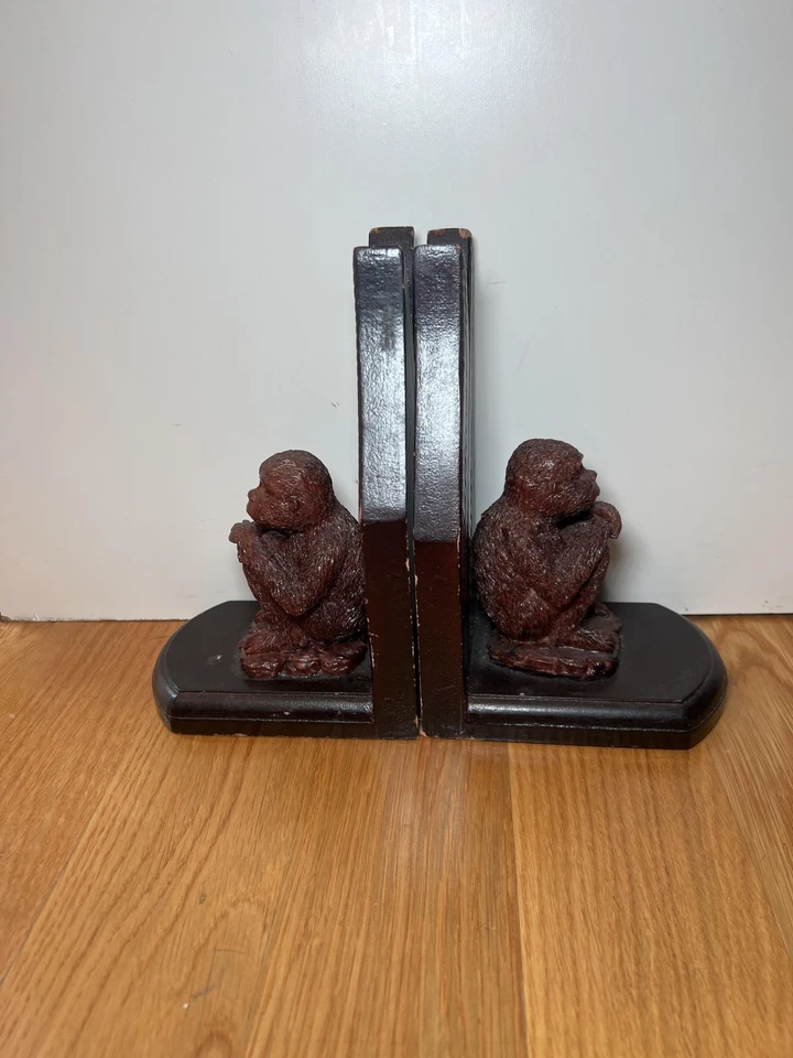 Carved Wood Monkey Bookends Pair Primate Leaf Design Dark Brown Home Decor - Image 2 of 4