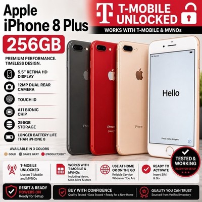 Apple iPhone 8 Plus 256GB T-Mobile Unlocked Smartphone Gold, Gray, Red, Silver.