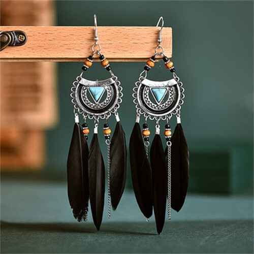 Silver Drop Earrings Ethnic Retro Jewelry for Women Boho Tassel Feather Earrings - Picture 4 of 17