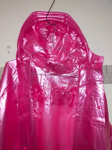 pearl shiny pink color longcoat PVC vinyl rainwear hooded jacket air valve - Picture 8 of 22