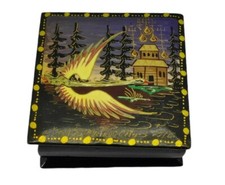 Russian Lacquer Trinket Box Hand Painted Folk Art Bird Crane Signed