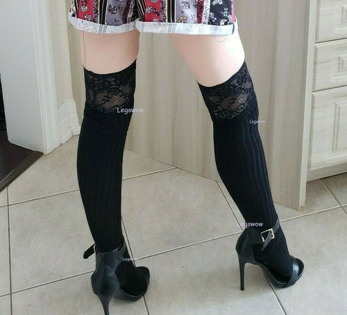 Lace Top Thigh High Socks Womens OTK Ribbed Cosplay School Girl Boot Over Knee - Picture 3 of 37