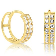14K Real Solid Gold Double Row CZ Round Huggie Hoop Earrings Small Size 11.5MM