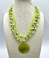 Boho Lime Green Beaded Necklace 4 Strands Disc Pendant Statement Fashion 16"