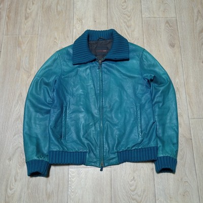 Bally Vintage Distressed Leather Bomber Jacket Made In Spain Blue 