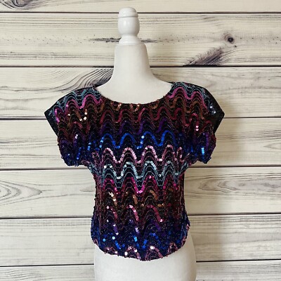 Vintage 80s 90s Sequin Sparkly Disco Short Sleeve Blouse