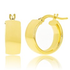 Italian 14k Yellow Gold Rounded Flat Tube Small Hollow Hoop Earrings 15mm x 6mm