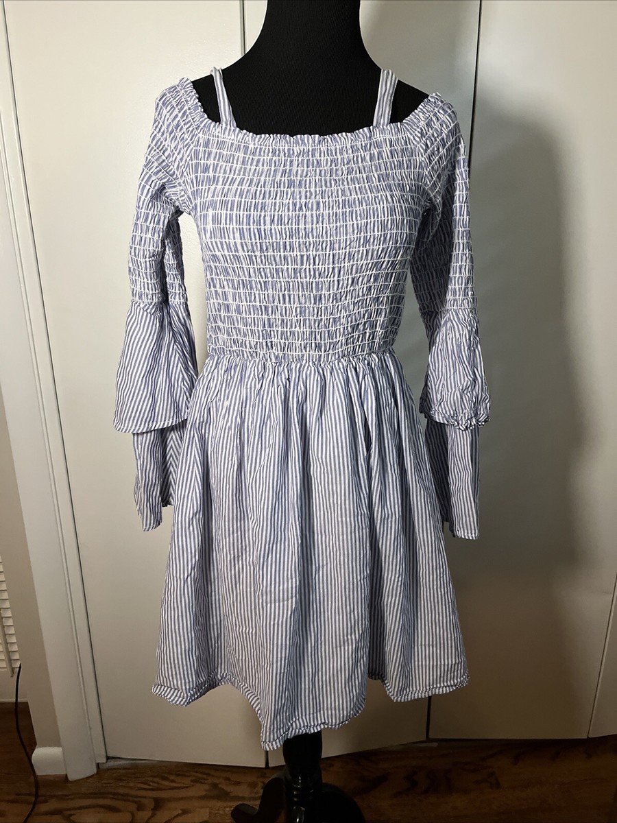 altered state blue striped dress Altar'd Boho Hippie Off Shoulder Lined White Stripe Size Medium SIZE:US 6