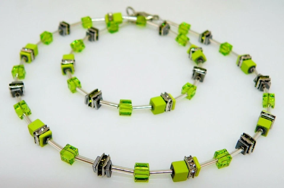 Halskette Würfel Hämatit Quadrat Glas Cube Strass lemon Kiwi Apfel oliv 519e - Bild 2 von 4