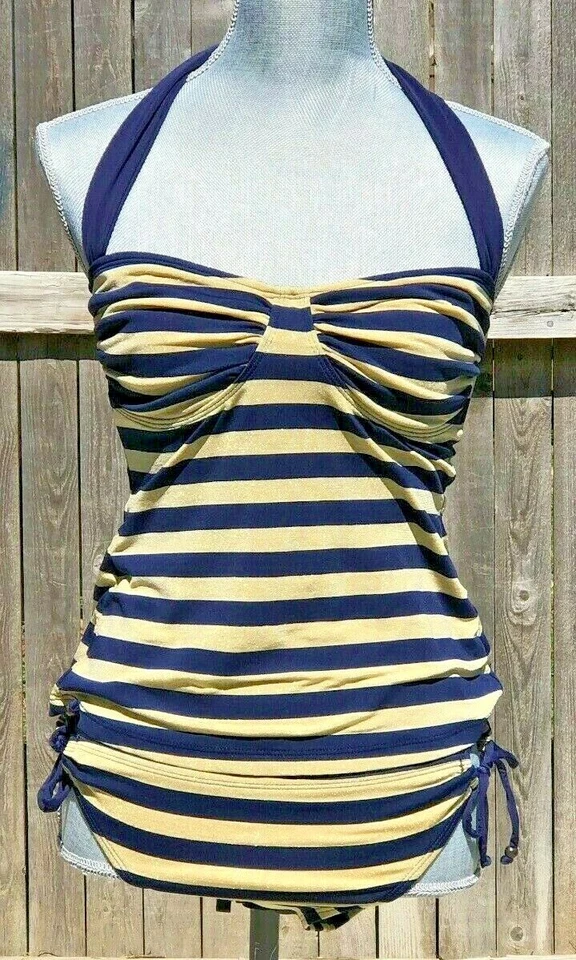 Tommy Hilfiger Womens Tankini Swim Suit 2 Piece Blue Gold Striped Metallic~6 - Image 3 of 4