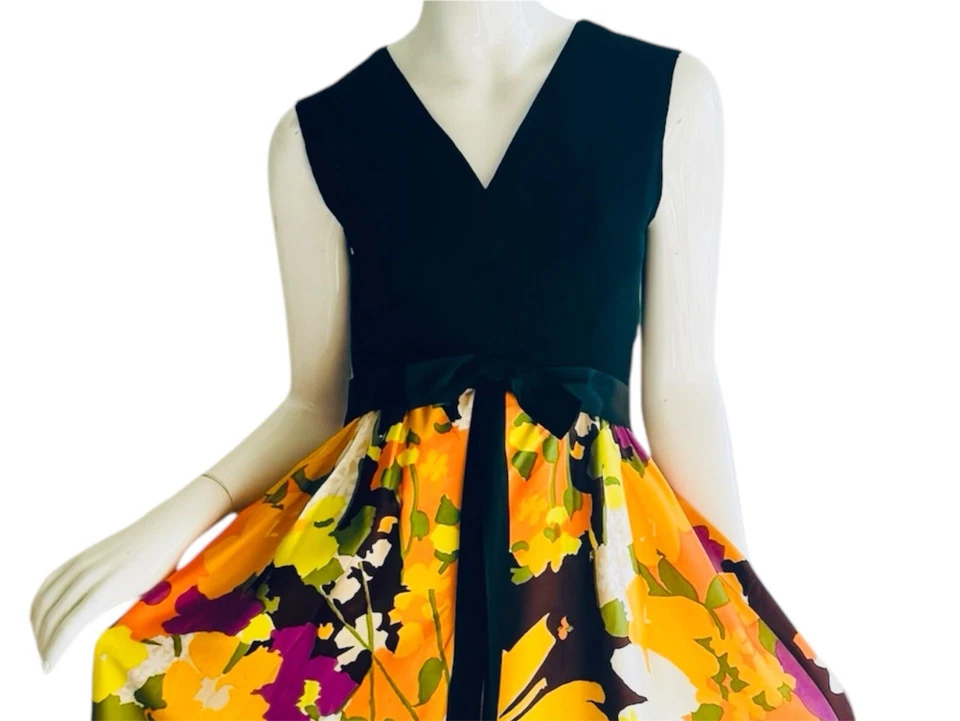 1960s Vintage Psychedelic Palazzo Jumpsuit Flowers Bow Mod Party Evening - Image 2 of 4