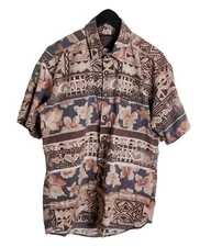 Local Motion Brown Floral Tribal Print Hawaiian Shirt Men Sz Medium Short Sleeve
