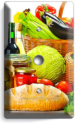 VEGETABLES BASKET FRESH BREAD OLIVE OIL LIGHT DIMMER CABLE PLATES KITCHEN DECOR