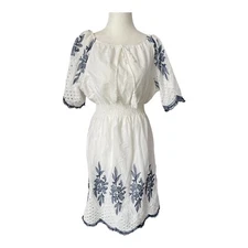 Anthropologie Kindred Bohemian Embroidered Eyelet White Navy Cotton Size Large