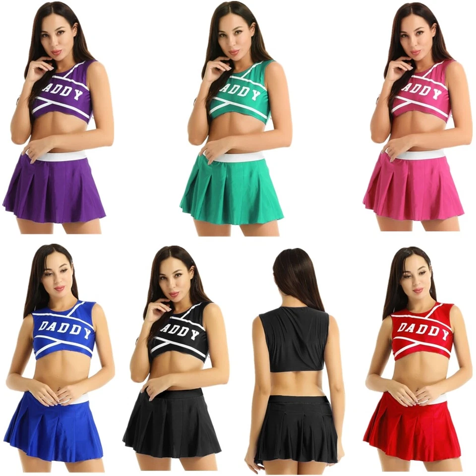 Mujer Cheer Leader Disfraz Uniforme Papá Estampado Top Corto con Mini Falda Plisada Foto 4 de 4