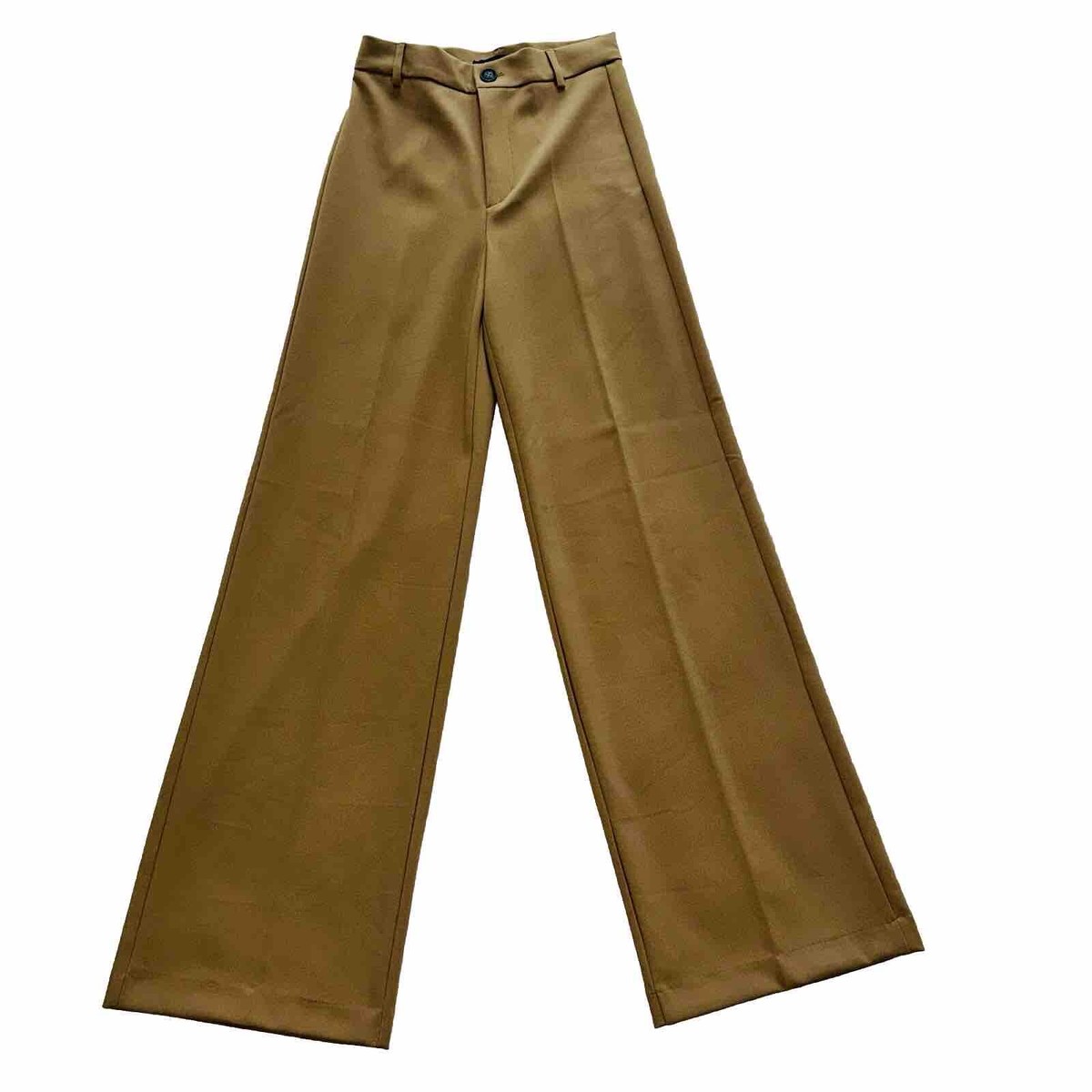 slim fit dress slacks Zara Beige Khaki Chino Pleated High Waisted Tapered Trousers Dress Pants  Size S main image 1