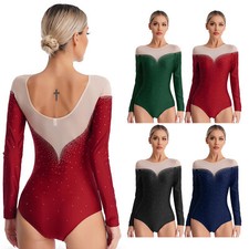 Womens Dancewear Long Sleeve Bodysuit Gymnastics Leotard Sports Costume Mesh