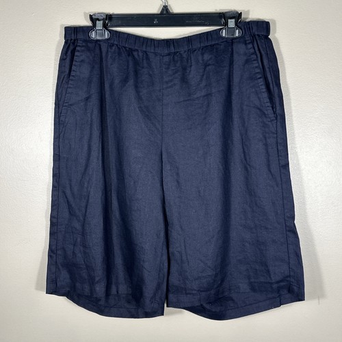 EILEEN FISHER Shorts Small Organic Linen 11" Inseam Pull On INK Dk Blue Pockets