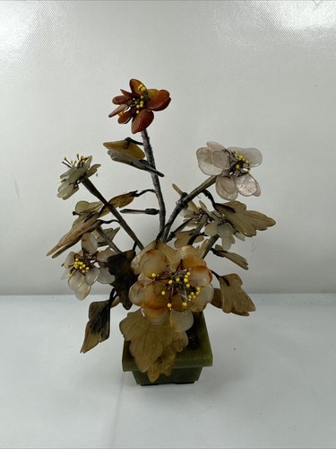 Chinesischer alter geschnitzter Bonsai Baum mit Jade und Rosenquarz Robert Chang Kunst
