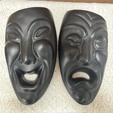 Vintage Mid Century Chalkware Comedy/Tragedy Mask Wall Art Black
