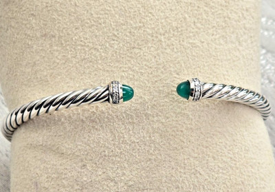 David Yurman 4 mm CaBle Flex Bracelet in Sterling Silver with Green & Diamonds