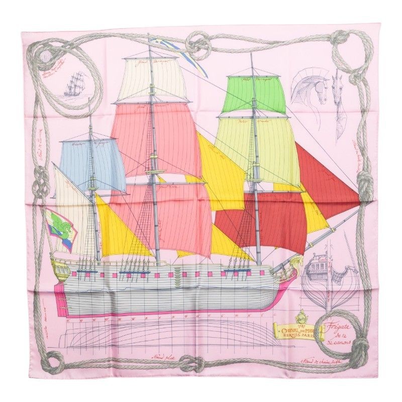 Hermes Carré90 Cheval De Mer Sea Horse Scarf Pink Silk Ladies 1-0278106