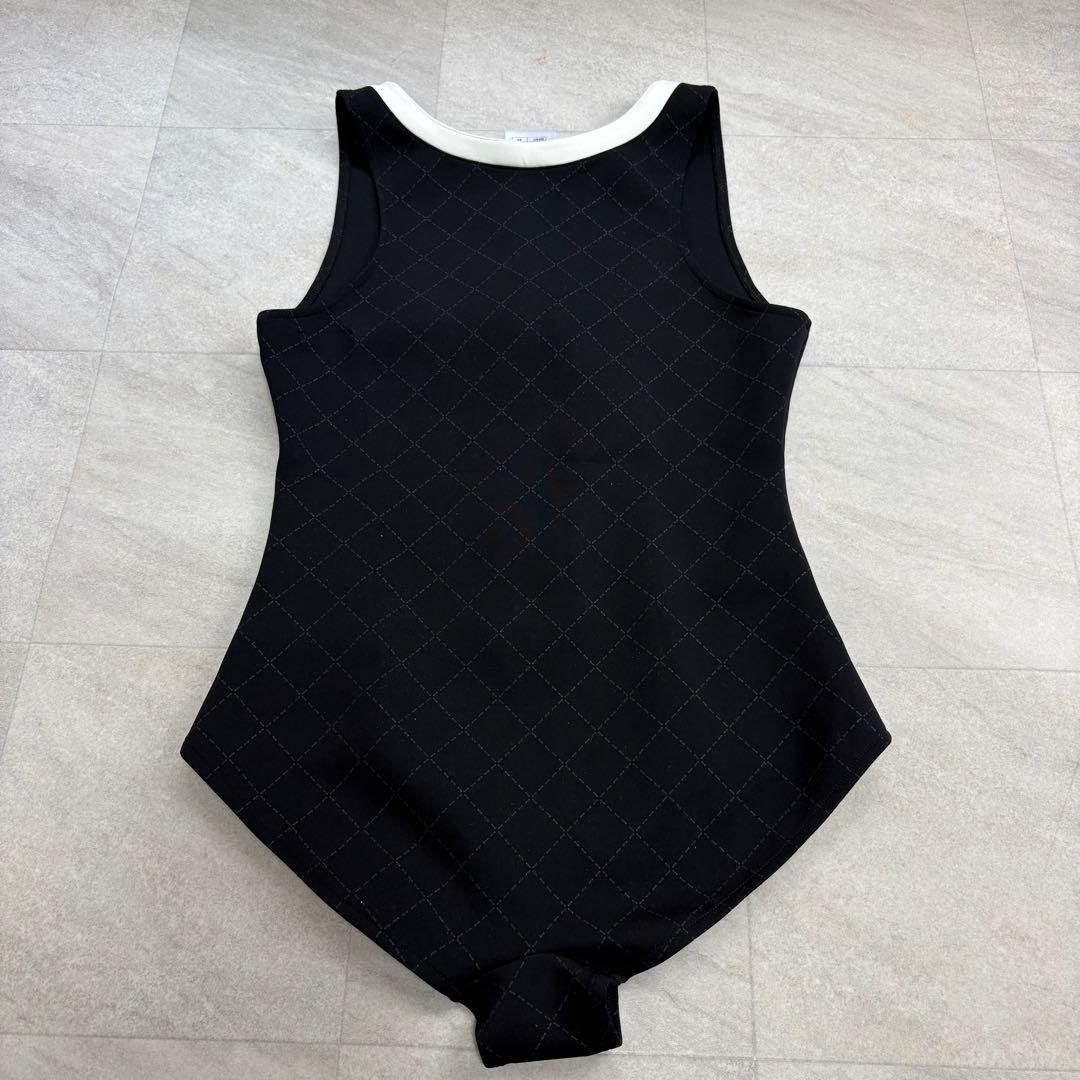 CHANEL Quilted One Piece Swimsuit Black White Zip Front Size 44