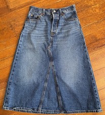 Levi s 25 High Rise A-Line Denim Midi Button Fly Skirt Medium Wash 100 Cotton
