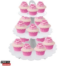 White Cupcake Stand Tower, 3-Tier Cardboard Dessert Display with Heart Handle...