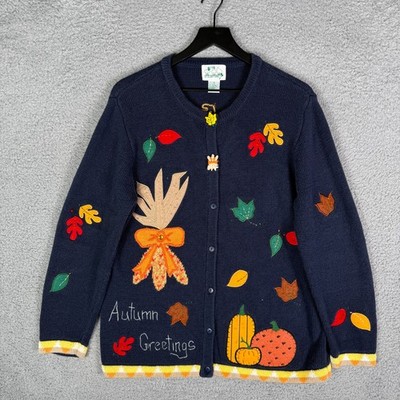 Vintage Fall Autumn Knit Sweater 90's Size Medium Cardigan Leaves Pumpkin