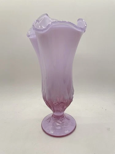 Vintage Fenton Glass Rose Pink Lily Of The Valley Swung Handkerchief 8" Vase