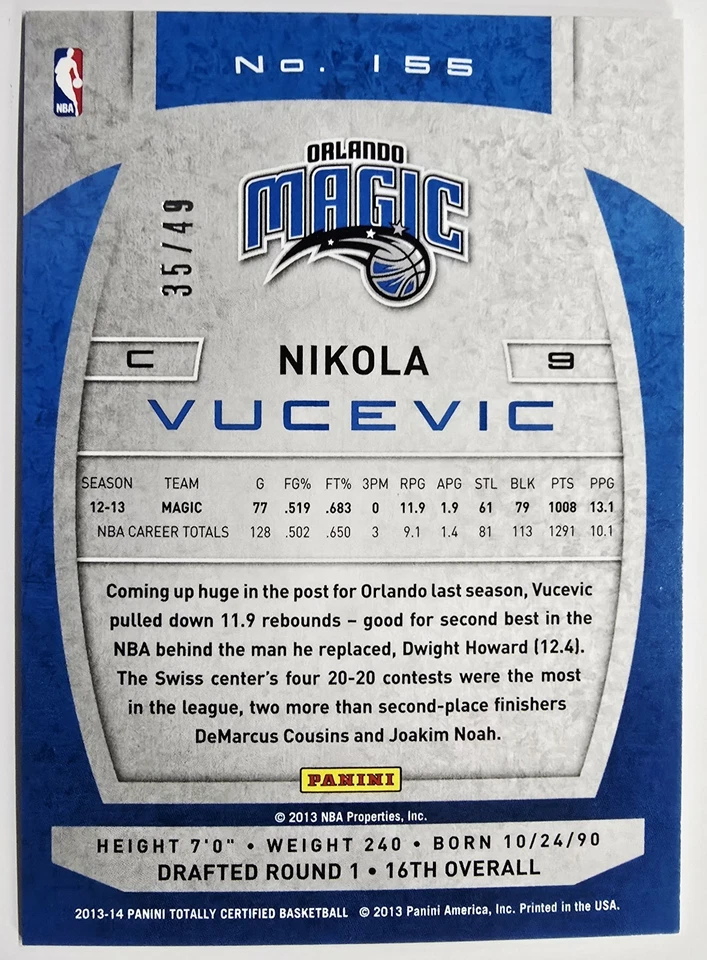 2013-2014 Panini Totally Certified Platinum Blue #155 Nikola Vucevic /49 🔵✨️ - Image 2 of 2