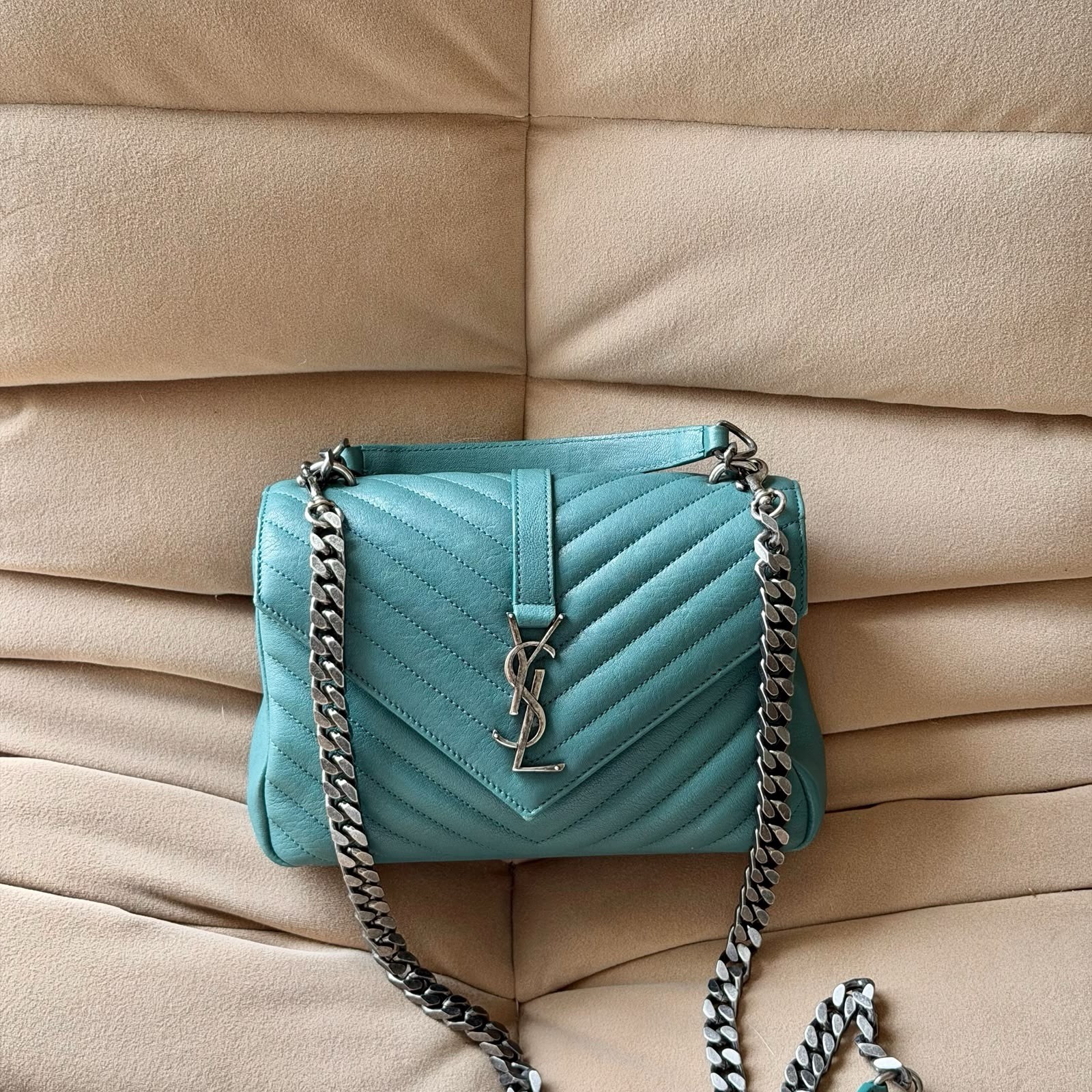 Saint Laurent YSL Medium College Bag in Turquoise Quilted Leather
