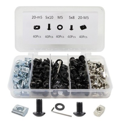 200Pcs 2020 Aluminum Extrusion M5 T Slot Nuts and Bolts Screws 20 Series Extrude