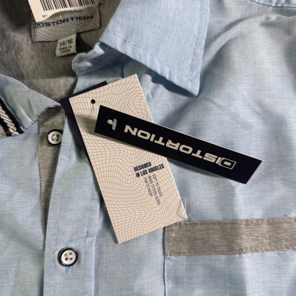 Camisa Distortion Azul Niños Manga Corta Con Botones Juvenil Talla 14/16 Nueva Con Etiquetas Foto 3 de 4