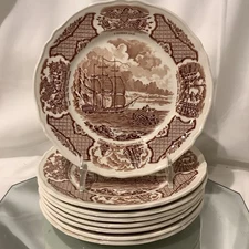 Alfred Meakin FAIR WINDS Brown Salad Plate Historical Scene of Export - Set of 8