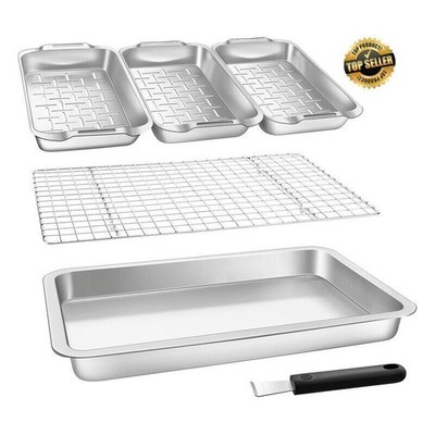 Grill Basket Set 6-piece Stainless Steel Large Roasting Pan Cooling Rack Strong