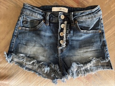 KANCAN KC8576D High Rise Dark Wash Button Up Denim Shorts Fringe Hem Jean Shorts