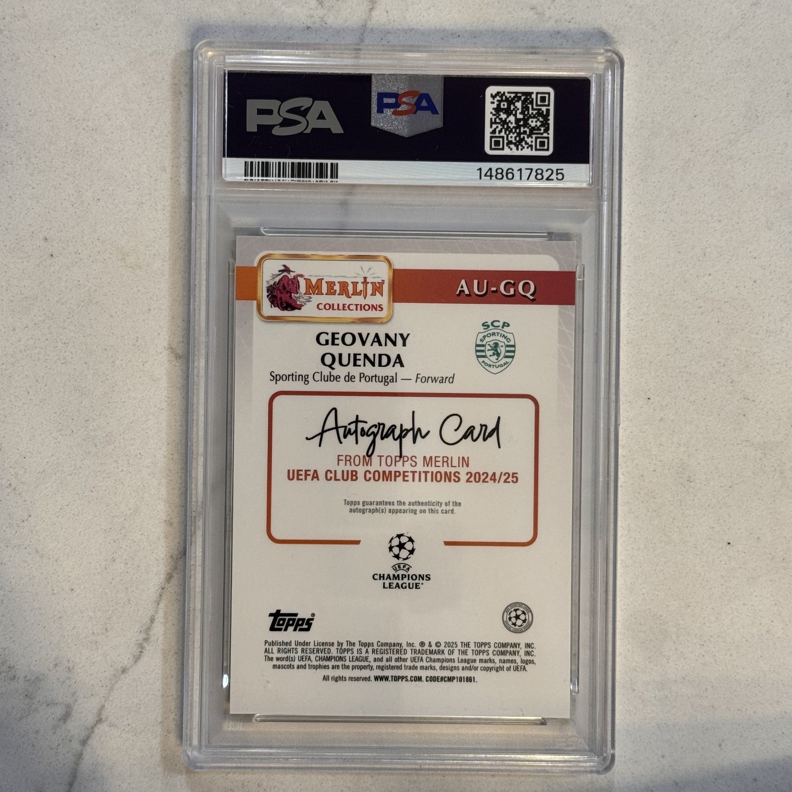 2024-25 Topps Merlin Chrome Geovany Quenda Rookie Refractor Auto Rc PSA 9 view 2