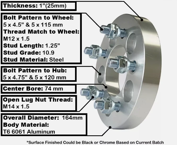4 轮适配器 1 英寸厚贴合:GMC/雪佛兰 5Lug 12x1.5 螺钉 5x4.75 轮毂至 5x4.5 轮 — 第 2/3 张图片