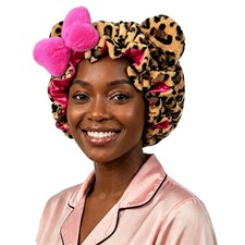 Women's Plush Leopard Satin Bonnet Sleep Cap Bear Ears Big Bow Night Hair Wrap