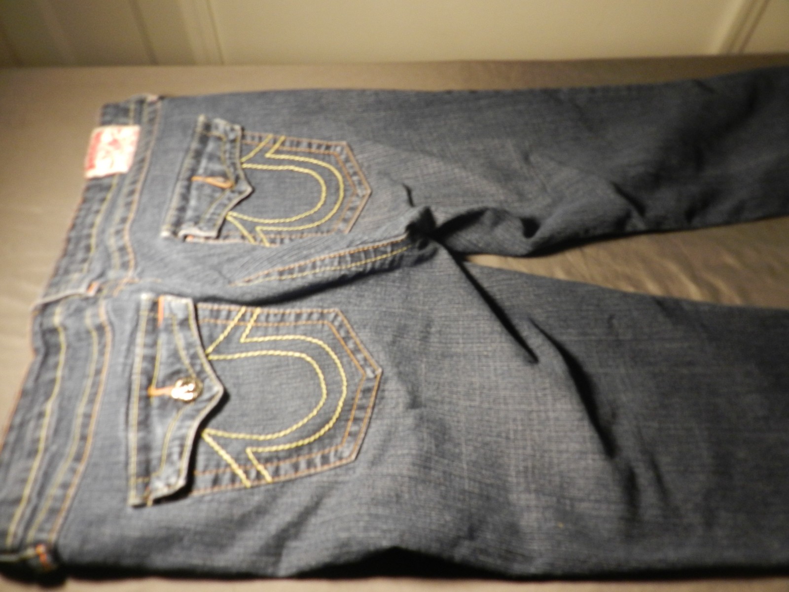 True Religion Ricky Super T Jeans Mens 32 USA Bootcut Thick Yellow Stitch Blue thumbnail 3