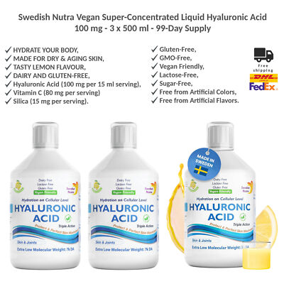 Swedish Nutra Vegan Liquid Hyaluronic Acid 100mg Skin & Joint Support 3x500ml