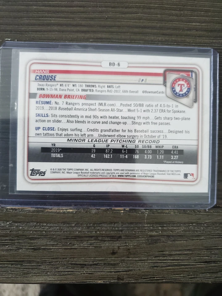2020 Bowman Draft 1st Edition ROOKIE SKY BLUE #BD-6 HANS CROUSE RANGERS 5 - Image 2 of 2