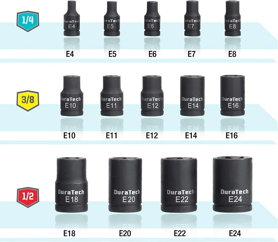 DURATECH 14PC Hembra E-Torx Torque Socket Estrella Impacto Socket E4-E24 1/4"-1/2" Dr Foto 3 de 4