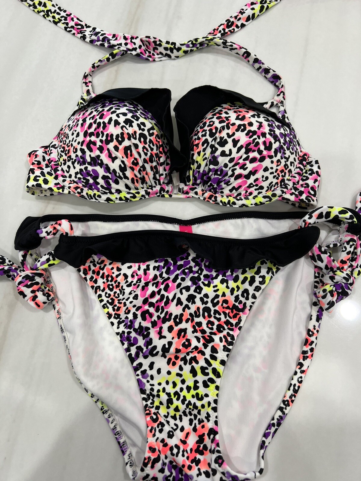 Victoria Secret Leopard Bombshell Bikini Top Add 2 Cups 34B Bottoms L RARE HTF image 2